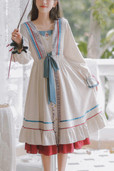 Robe Sweet Lolita OP à col carré multicolore avec manches longues à volants et ourlet à panneaux